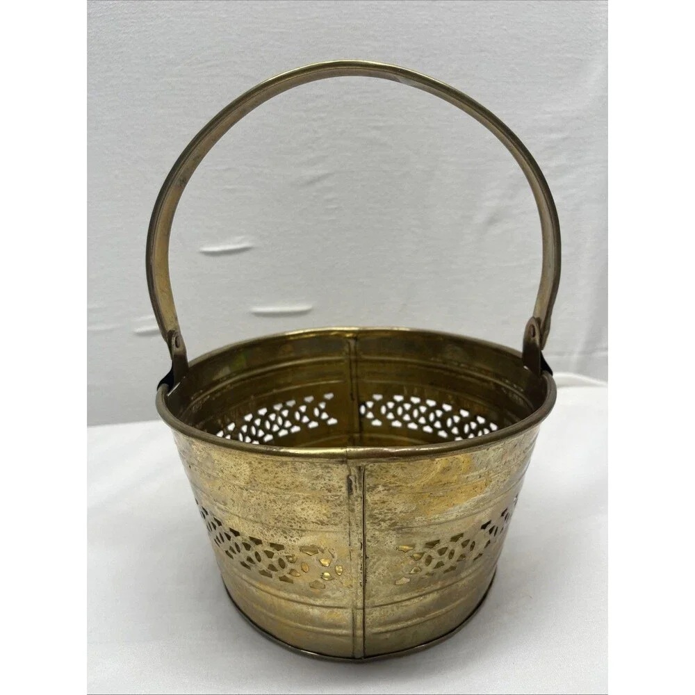Vintage Solid Brass Pierced Basket Handle Decorative Ornate Planter Round India